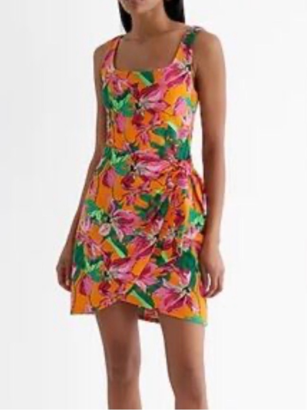 Express Orange Floral Mini Dress with Pink & Green Print